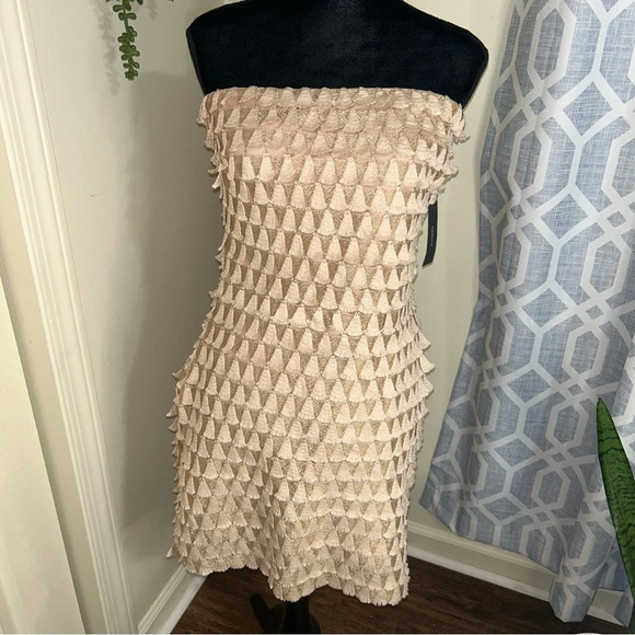Lulu’s What a Frill Blush and Gold Embroidered Strapless Mini Dress - Picture 1 of 8